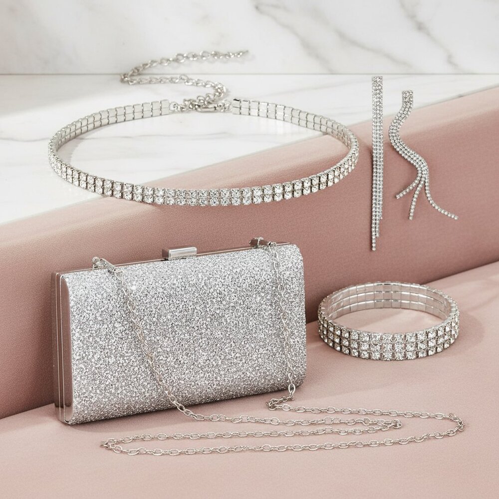 4 Pieces Women Rhinestone Evening Clutch Bag Bling Earring Necklace